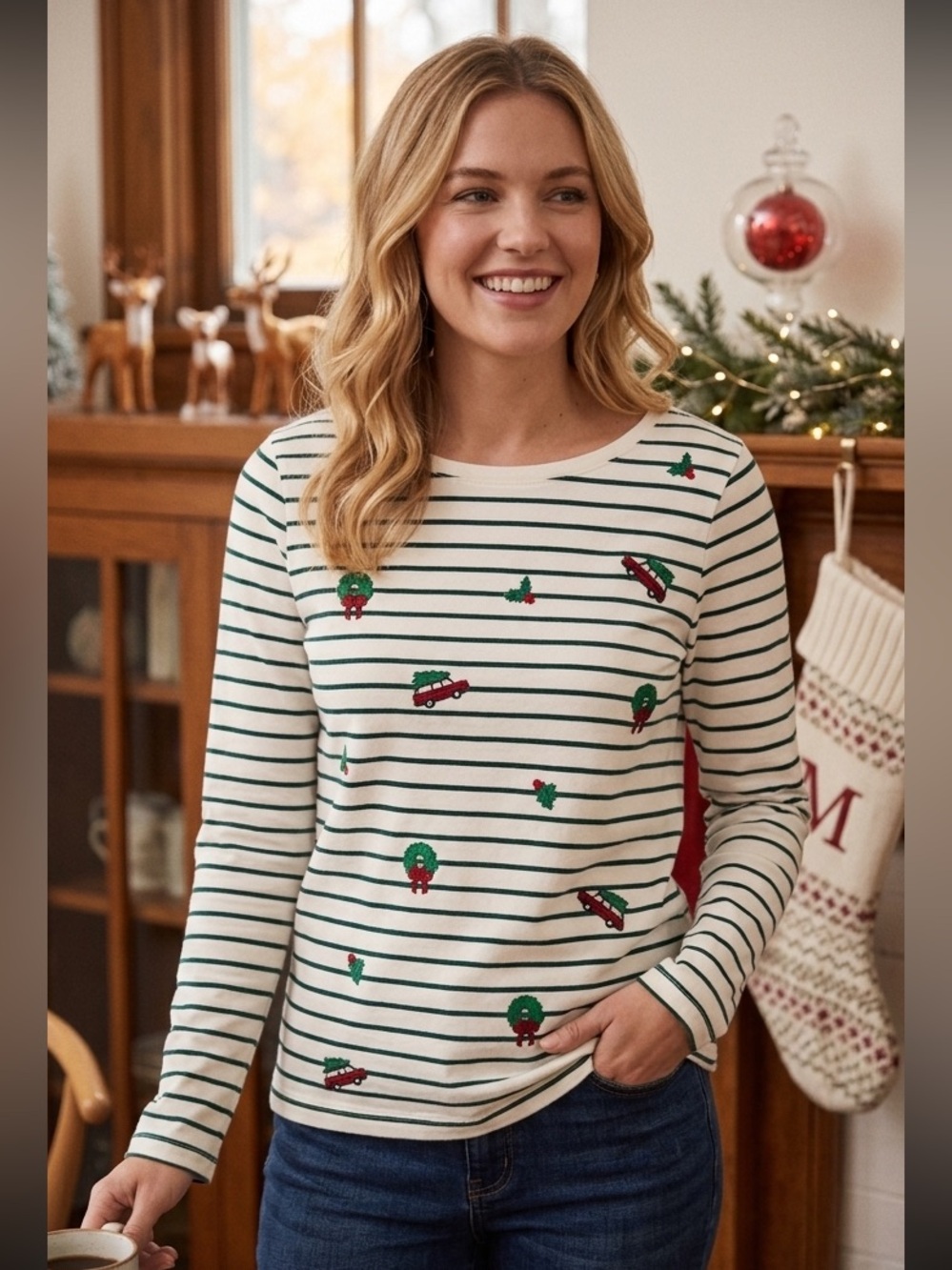 Talbots Embroidered Bateau Neck Christmas Striped Tee Size Large Cottagecore